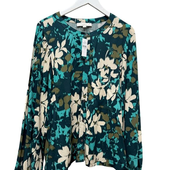 LOFT Blouse Size XL Teal Floral Flowy Womens Top Rayon Long Sleeve NWT - Picture 3 of 10